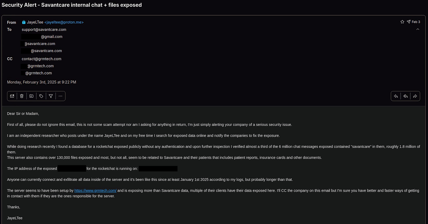 Email sent to Savantcare & Grmtech alerting of the exposed internal chat.