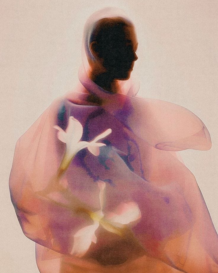 Silhouette of a person with white flowers blooming through them, symbolizing grace and forgiveness transforming shame. Purple and pink tones. Concept image for self-forgiveness prayer.