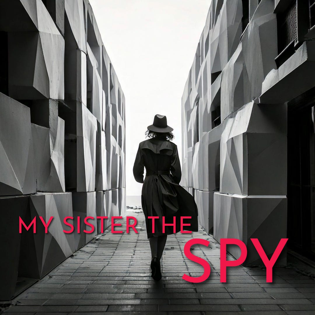 My Sister the Spy. Woman in billowing trench coat walks into the distance.