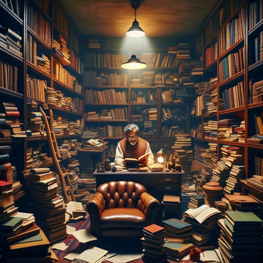 The scene is set in a private library, where an Indian analyst is deeply absorbed in reading a book. The room is smaller and more intimate, resembling a personal study. Books are haphazardly stacked in every possible space, some even piled on the floor, creating a highly chaotic yet intriguing environment. The analyst, wearing traditional Indian attire, sits at a cluttered desk overflowing with open books, papers, and notes. The lighting is warm and cozy, enhancing the sense of a personal, private space. The scene is set in a private library, where an Indian analyst is deeply absorbed in reading a book. The room is smaller and more intimate, resembling a personal study. Books are haphazardly stacked in every possible space, some even piled on the floor, creating a highly chaotic yet intriguing environment. The analyst, wearing traditional Indian attire, sits at a cluttered desk overflowing with open books, papers, and notes. The lighting is warm and cozy, enhancing the sense of a personal, private space.