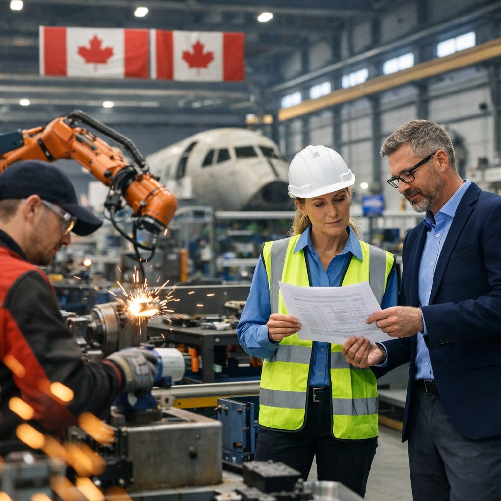 Canadian advanced manufacturing facility with robotic arms and aircraft components in the background, as a factory worker operates machinery while two managers review documents on the production floor.