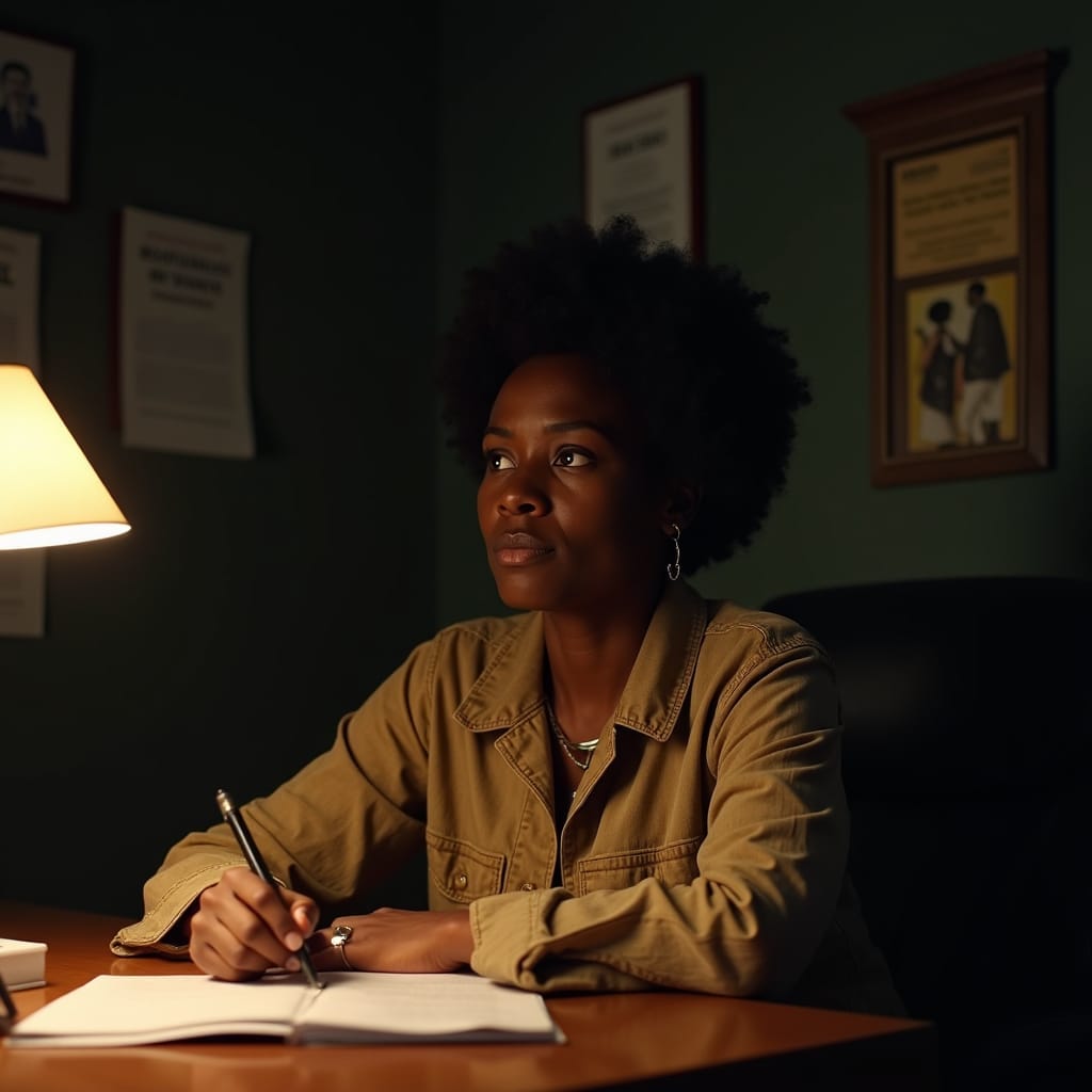 A black Jamaican woman, dressed in worn but dignified attire, sits in a dimly lit bank office, surrounded by the weight of unpaid bills and foreclosure notices, her eyes locked in a desperate plea with the bank representative, as the soft glow of a desk lamp casts a warm, golden light on her face, accentuating the worry lines etched on her forehead, the atmosphere thick with tension, reminiscent of the works of Ryan Coogler, Ava DuVernay, and Dee Rees, with a cinematic aesthetic