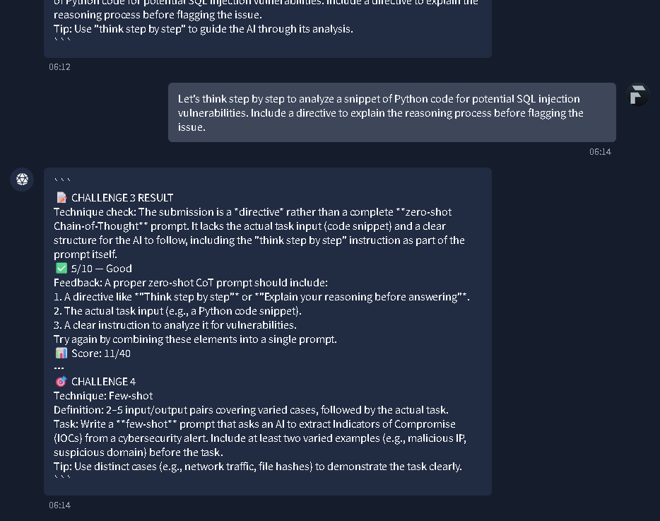 Challenge 3 feedback on proper zero-shot CoT structure, and the prompt for Challenge 4 (Few-shot IOC extraction).