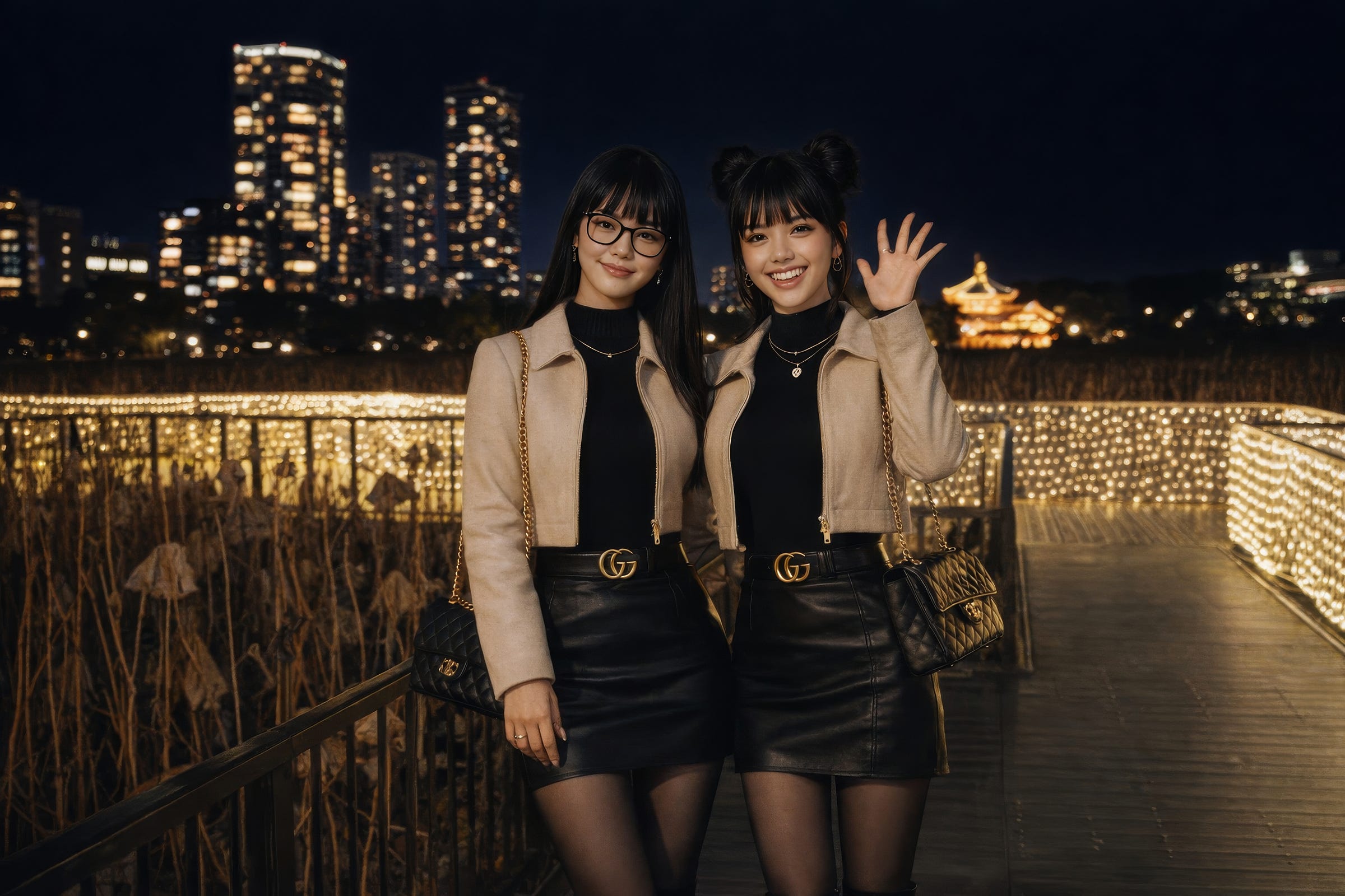Two smiling women on a wooden boardwalk surrounded by golden winter lights at Shinobazu Pond