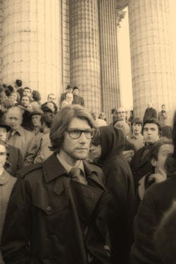 Yves Saint Laurent after the funeral of Coco Chanel, Église de La Madeleine, Paris, January 15, 1971., © Musée Yves Saint Laurent Paris / Guy Marineau Yves Saint Laurent after the funeral of Coco Chanel, Église de La Madeleine, Paris, January 15, 1971., © Musée Yves Saint Laurent Paris / Guy Marineau