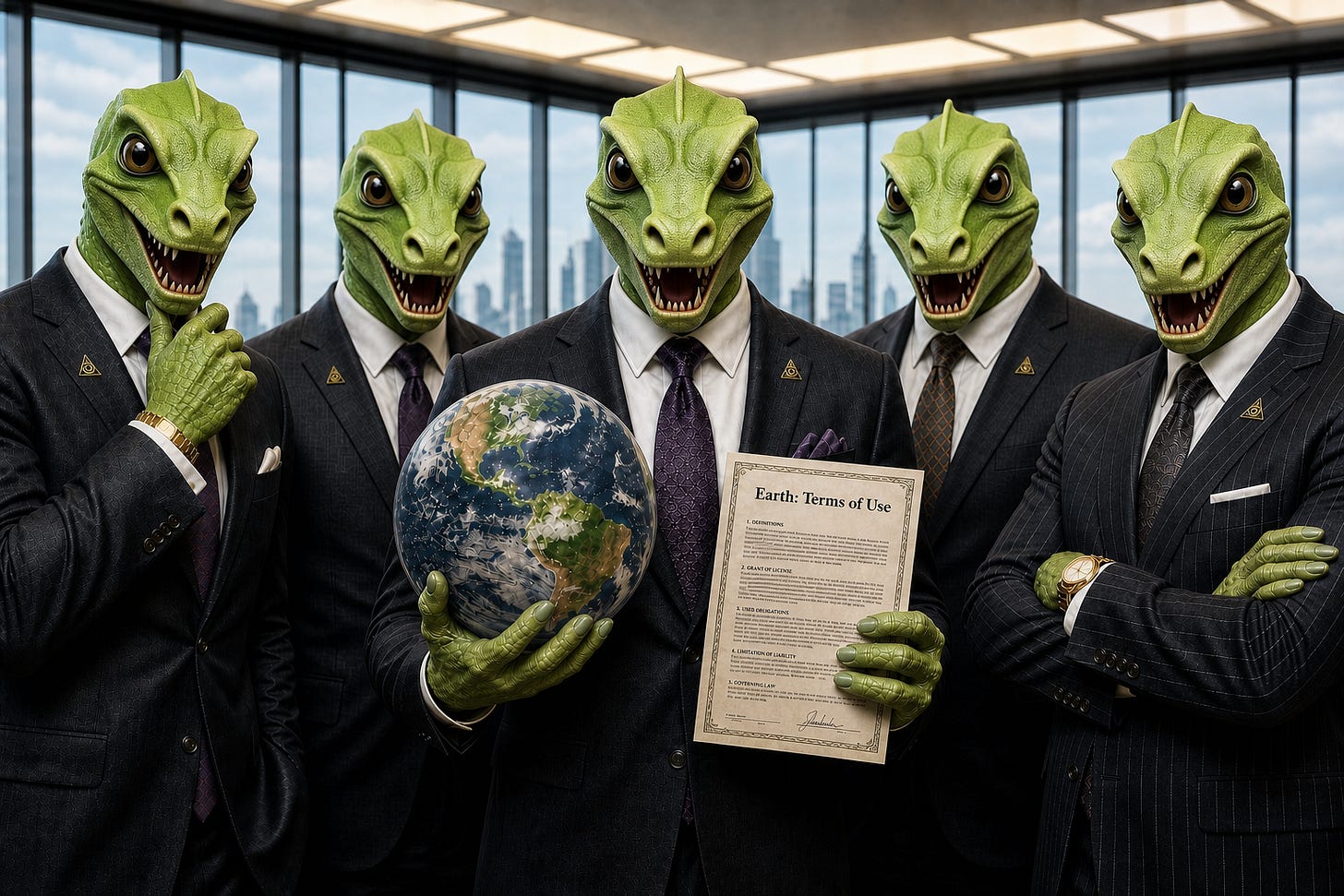 Five reptilian illuminati business executives standing together in an office space with sinister expressions. The one in the center is holding a globe in one hand and a legal contract in the other. Five reptilian illuminati business executives standing together in an office space with sinister expressions. The one in the center is holding a globe in one hand and a legal contract in the other.