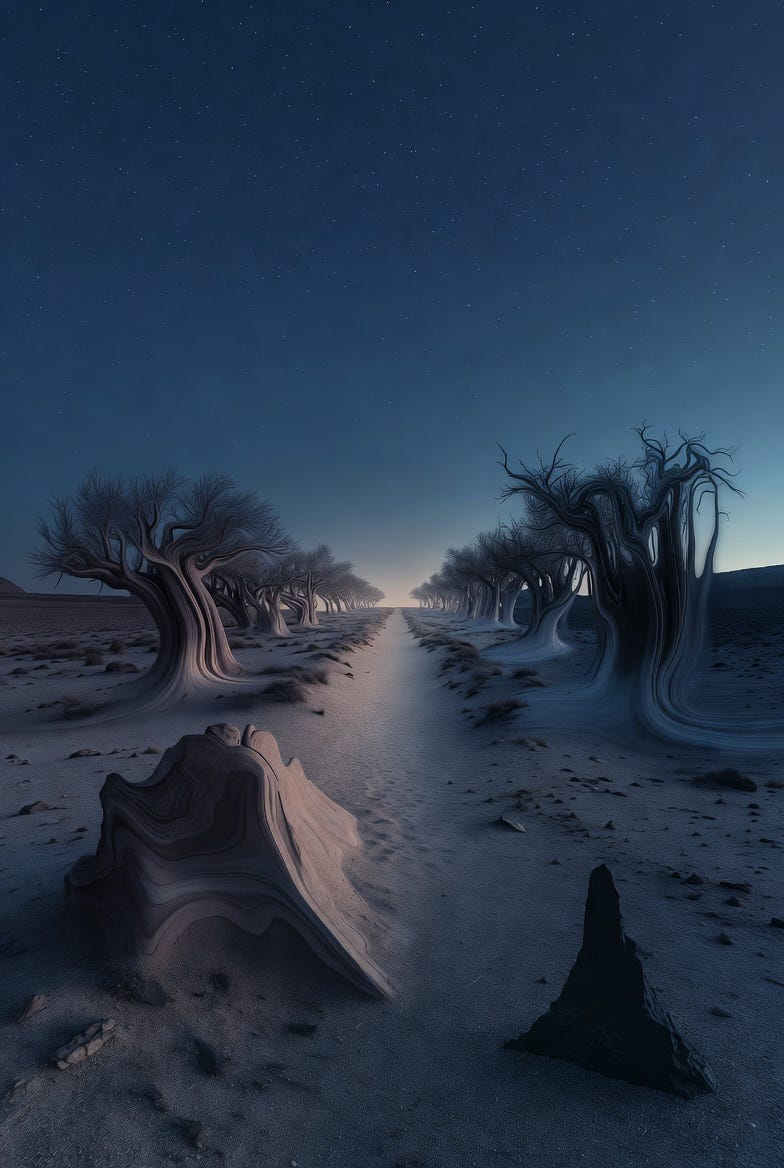 A surrealist desert twilight scene with a central pathway, sparse trees, and a starry sky.