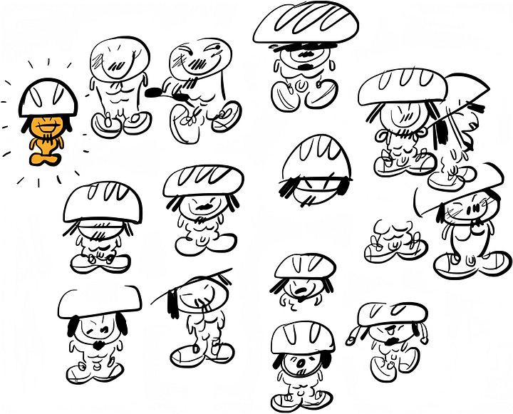 Four pages of black-and-white concept art by George Mager show early character designs for World Naked Bike Tour, including nude cyclists of varied body types, helmeted riders, expressive poses, and the film's angry protester.