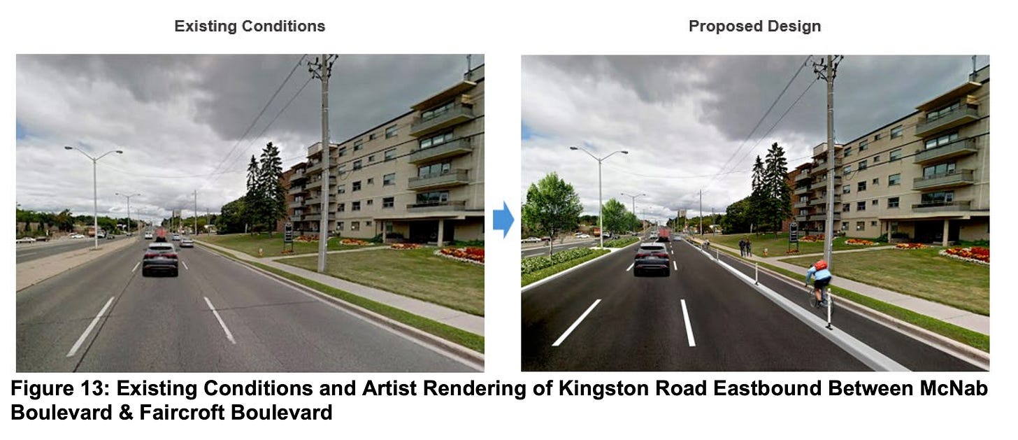 A comparison of Kingston Road as it exists today with a render of how it might look with bike lanes A comparison of Kingston Road as it exists today with a render of how it might look with bike lanes