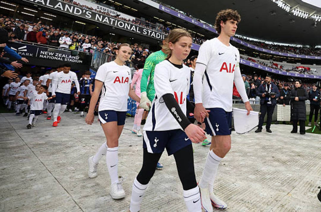 The teams walk out during the pre-season friendly match between Auckland FC and Tottenham Hotspur at Eden Park on July 26, 2026 in Auckland, New Zealand. (Photo by Fiona Goodall/Getty Images)