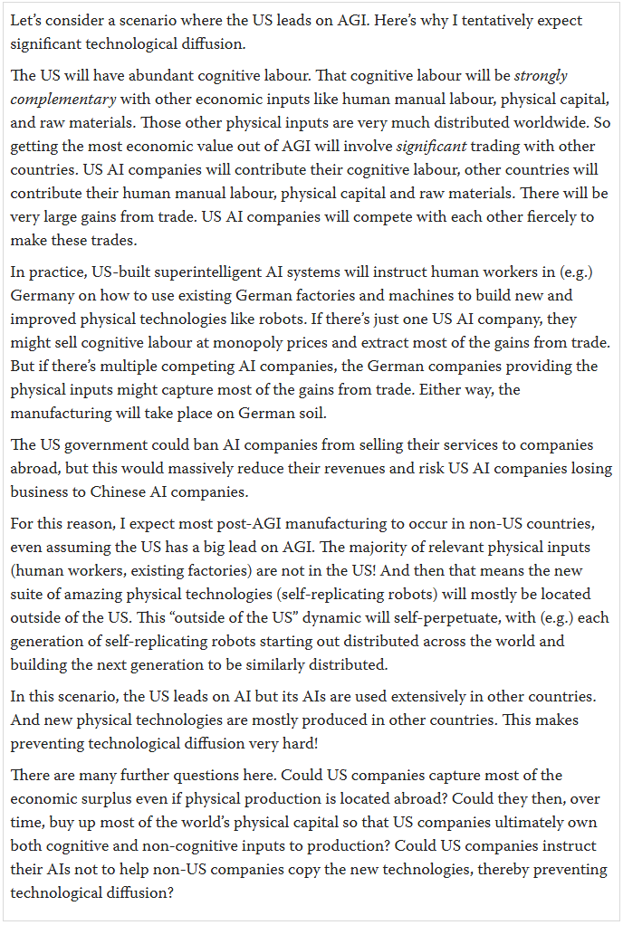 Text box explaining why technological diffusion is likely in a US-led AGI scenario: US cognitive labor complements global physical inputs, creating strong incentives for international trade and making technology transfer difficult to prevent.