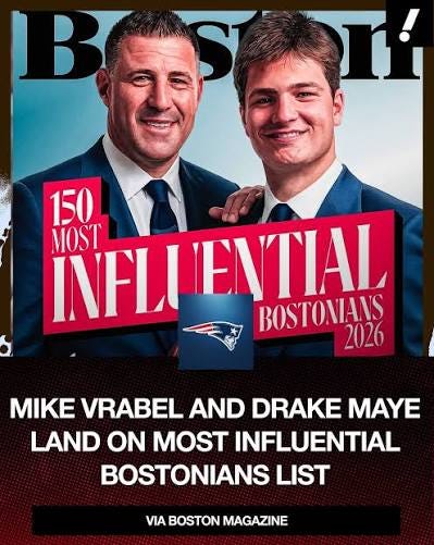 Mike Vrabel and Drake Maye were named Boston Magazine's Most Influential Bostonians of 2026. Other notable sports names include Jaylen Brown (No. 8) and Red Sox president Sam Kennedy (No. 16). Mike Vrabel and Drake Maye were named Boston Magazine's Most Influential Bostonians of 2026. Other notable sports names include Jaylen Brown (No. 8) and Red Sox president Sam Kennedy (No. 16).
