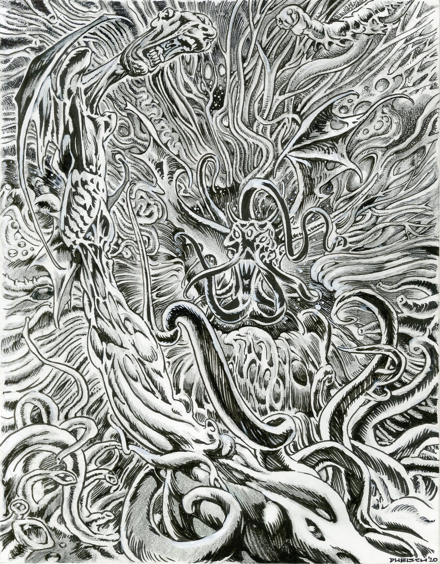 A swirling, chaotic black and white illustration of eldritch horror.