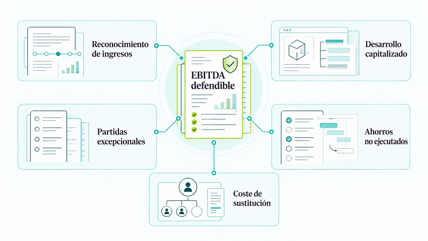 Diagrama de las cinco áreas que pueden modificar el EBITDA durante una revisión: ingresos, desarrollo capitalizado, partidas excepcionales, ahorros futuros y coste de sustituir al fundador.