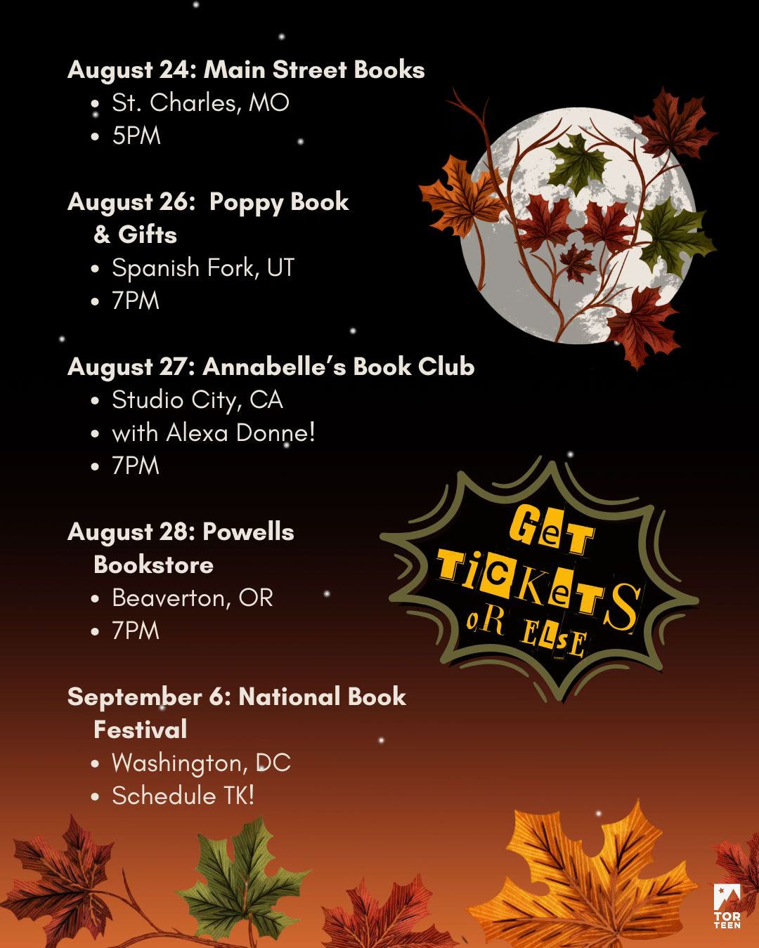A graphic that lists Sooz's tour dates: "August 24: Main Street Books - St. Charles, MO - 5PM  August 26: Poppy Book & Gifts - Spanish Fork, UT - 7PM  August 27: Annabelle’s Book Club - Studio City, CA - with @! - 7PM  August 28: Powells Bookstore - Beaverton, OR - 7PM  September 6: National Book Festival - Washington, DC - Schedule TK!"