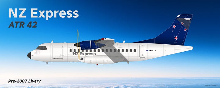 Two Avions de Transport Régional (ATR) aircraft the ATR 42 (L) and ATR 72 (R) - seen in their respective 1971-2007 and 2007-present "Kiwi" liveries, all displayed in side view while in midflight. Both types have been part of the NZ Express fleet since the early 1990s.