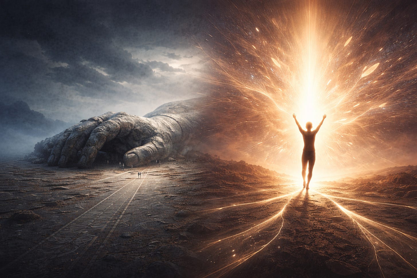 A symbolic digital painting in a 2:1 landscape format illustrating the tension between determinism and free will. On the left, a massive, weathered stone hand lies partially buried in a desolate landscape under a stormy sky, symbolizing the "Dead Hand" of fate and control. Faint lines etched into the ground suggest a predetermined path. On the right, a lone human figure stands with arms raised, bathed in radiant golden light, as vibrant, branching pathways emerge from beneath their feet and spread outward, representing choice, agency, and divergent futures. The two sides blend at the center, evoking a dynamic interplay between inevitability and possibility.