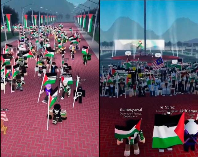 Teens rally in support of Palestine using Roblox, M'sian flag spotted Teens rally in support of Palestine using Roblox, M'sian flag spotted