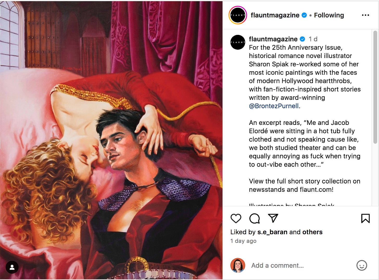 A screenshot of an instagram post by Flaunt Magazine featuring fanfic inspired artwork  by Sharon Spiak which includes a character that looks like actor Jacob Elordi