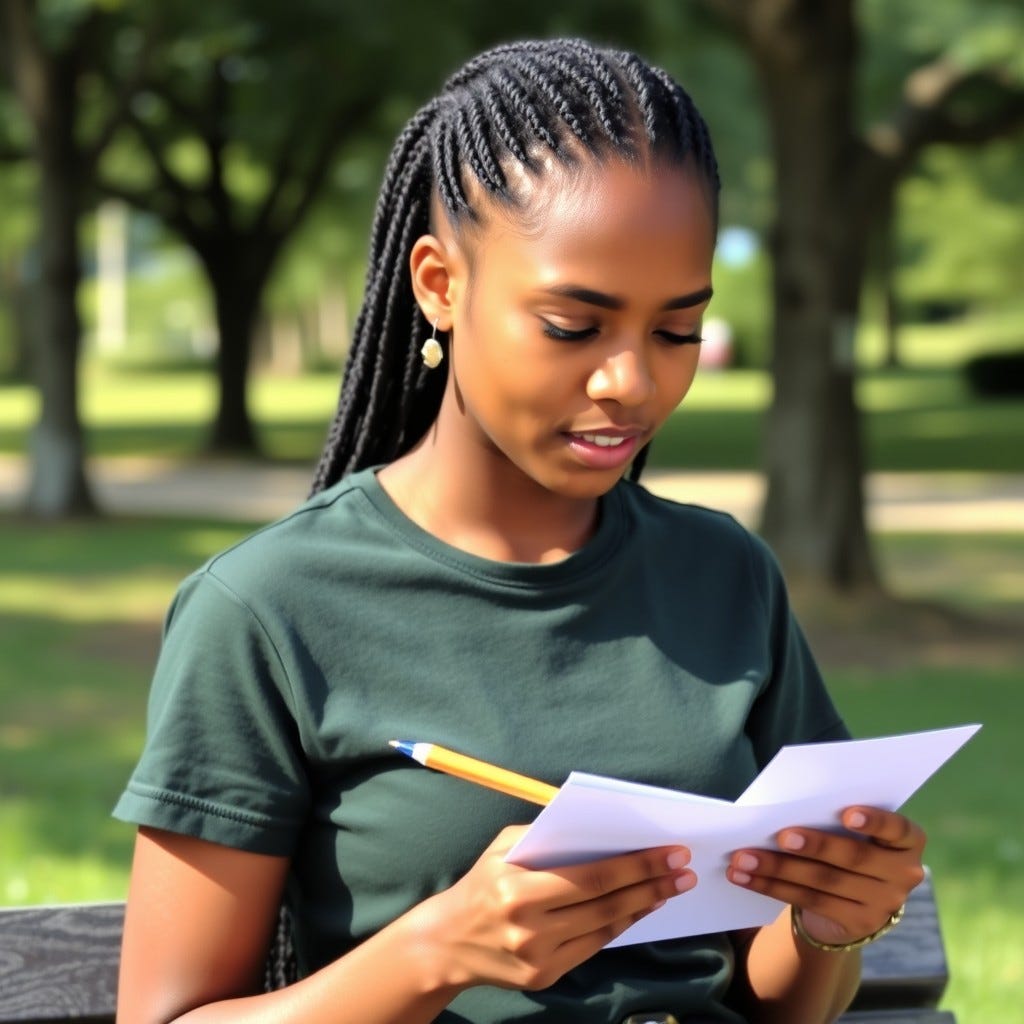 Young, youthful African American Woman wearing a dark green tshirt with all black hair writing a letter in the summertime in the park writing a letter