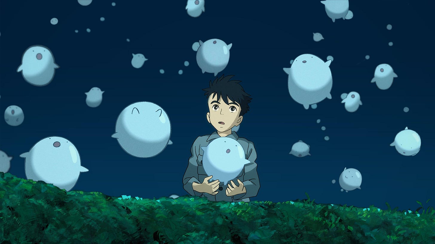 The Boy and the Heron | Still features protagonist Mahito watching a bunch of warawara float into the sky.