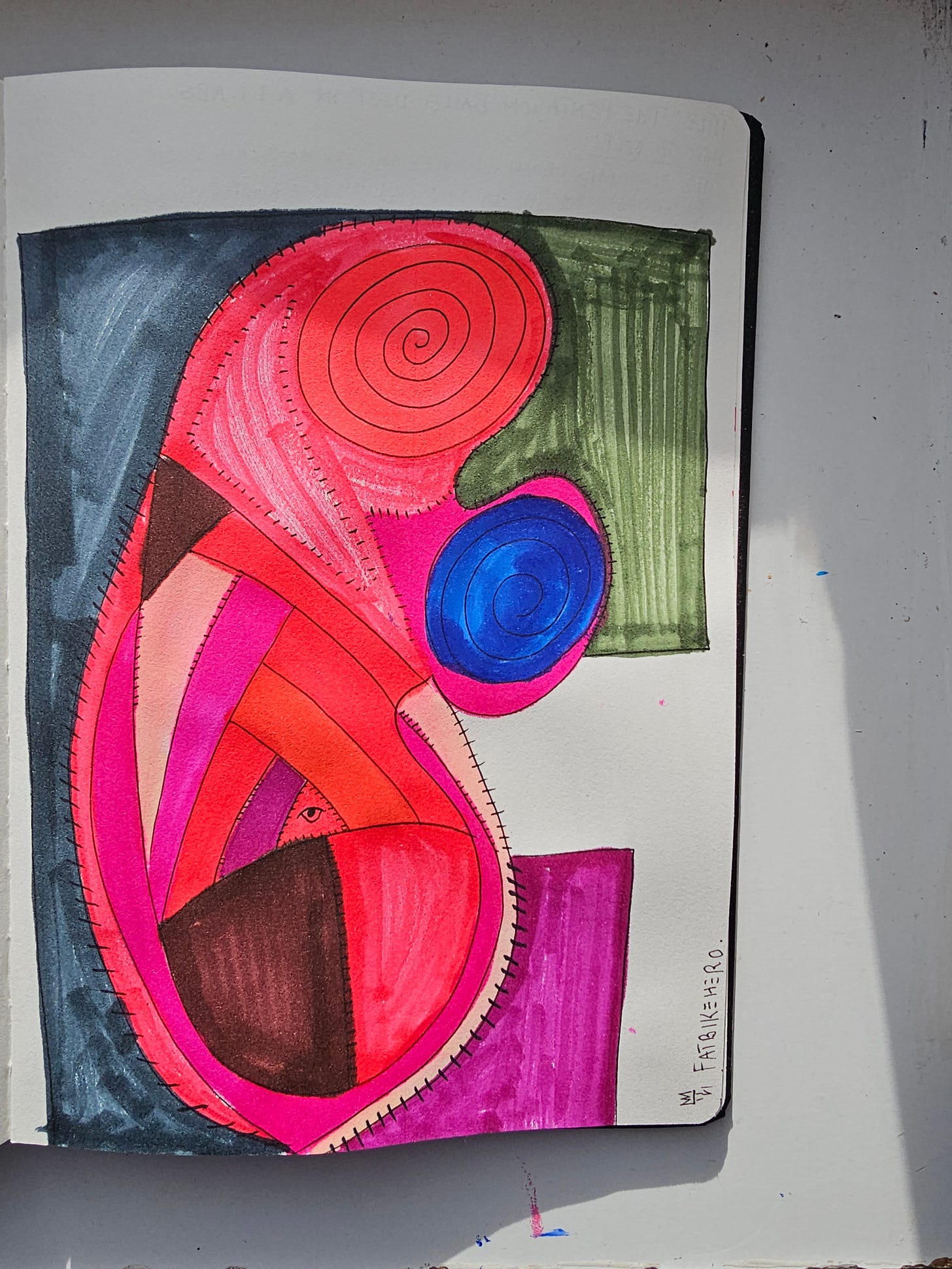 Biomorphic abstraction suggesting phallic and yonic forms intertwined in saturated red, pink, blue, and green, symbolizing military and AI entanglement.