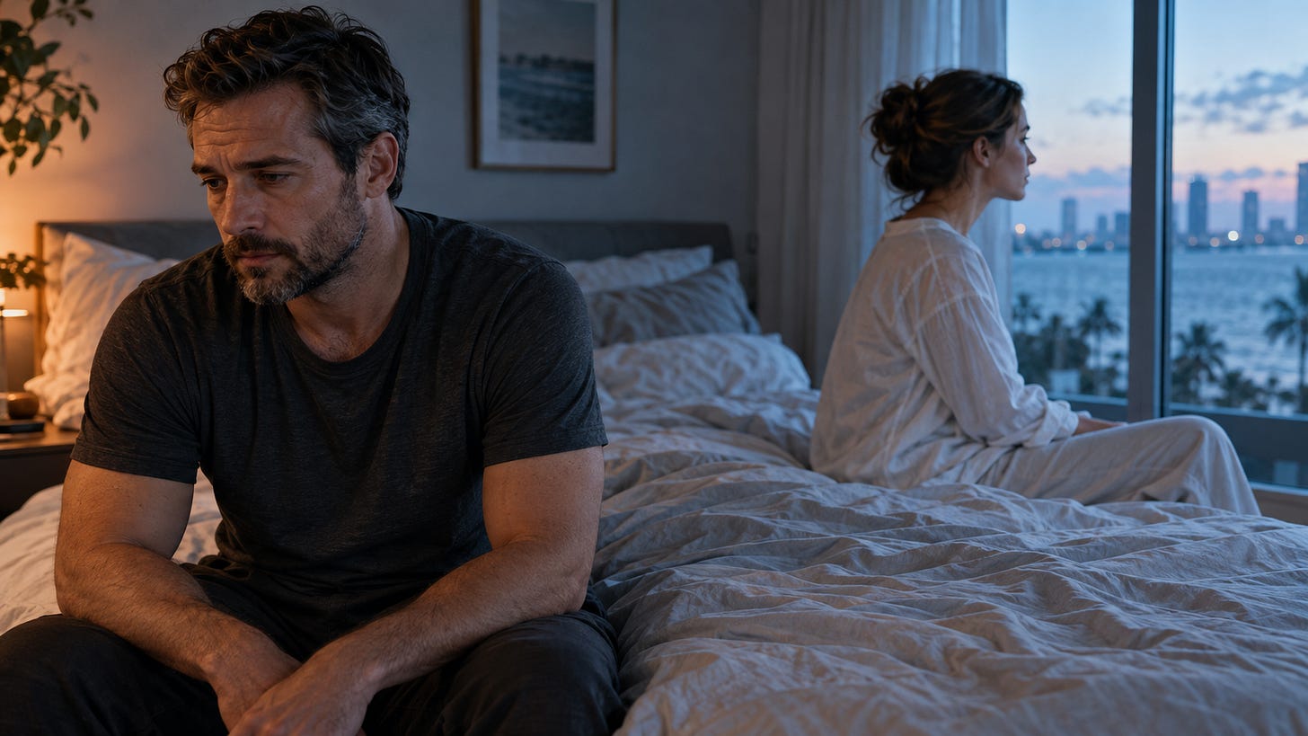 A husband and wife sit on opposite sides of a bed at dawn, both looking away.