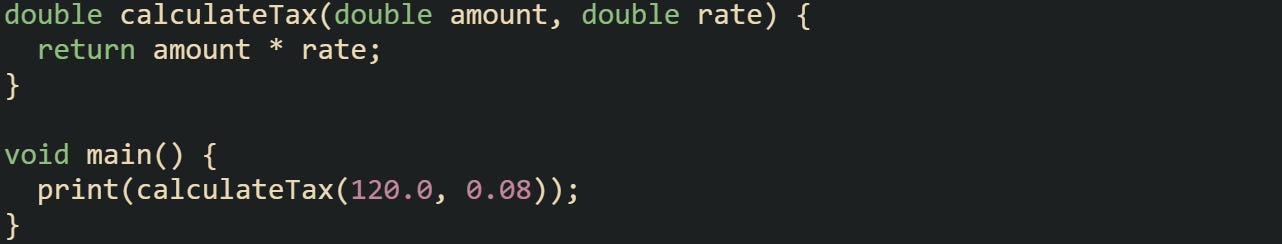 double calculateTax(double amount, double rate) { return amount * rate; } void main() { print(calculateTax(120.0, 0.08)); } double calculateTax(double amount, double rate) { return amount * rate; } void main() { print(calculateTax(120.0, 0.08)); }
