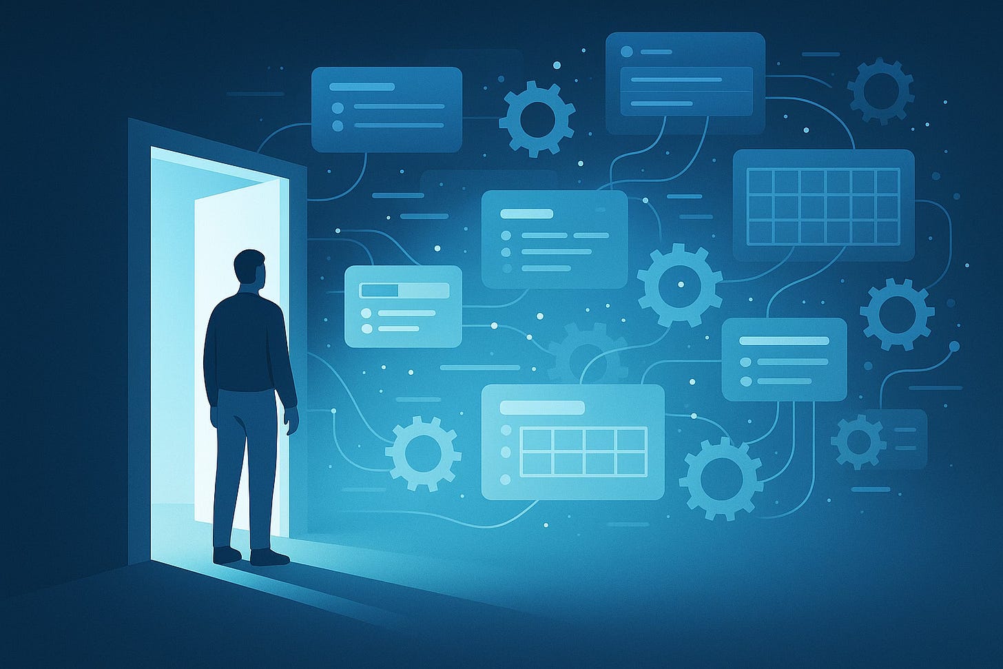A person stands in the glow of an open doorway, looking into a digital landscape where app interfaces, gears, and data streams form themselves in midair — symbolizing how vibe coding turns ideas into tools without traditional coding barriers. A person stands in the glow of an open doorway, looking into a digital landscape where app interfaces, gears, and data streams form themselves in midair — symbolizing how vibe coding turns ideas into tools without traditional coding barriers.