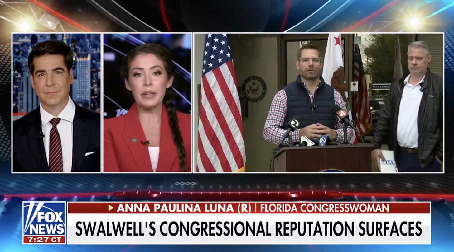 Discussion on Eric Swalwell's congressional reputation featuring Anna Paulina Luna on Fox News, with a backdrop of American flags and reporters.