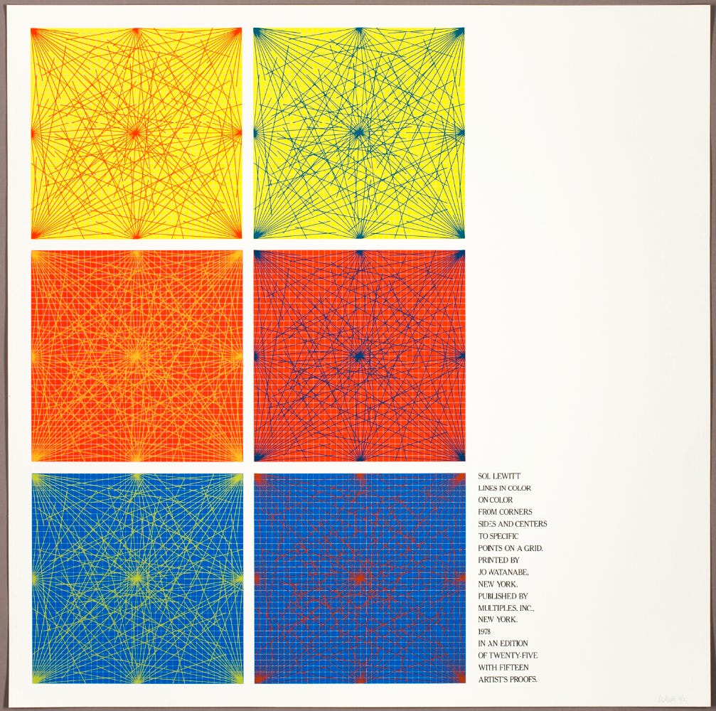 Sol LeWitt, Cover Sheet, from Lines In Color on Color From Corners Sides and Centers to Specific Points on a Grid, (color screenprint on white wove paper), Multiples, Inc., New York, NY, 1978, Printed by Jo Watanabe [The Art Institute of Chicago, Chicago, IL. © The Estate of Sol LeWitt]