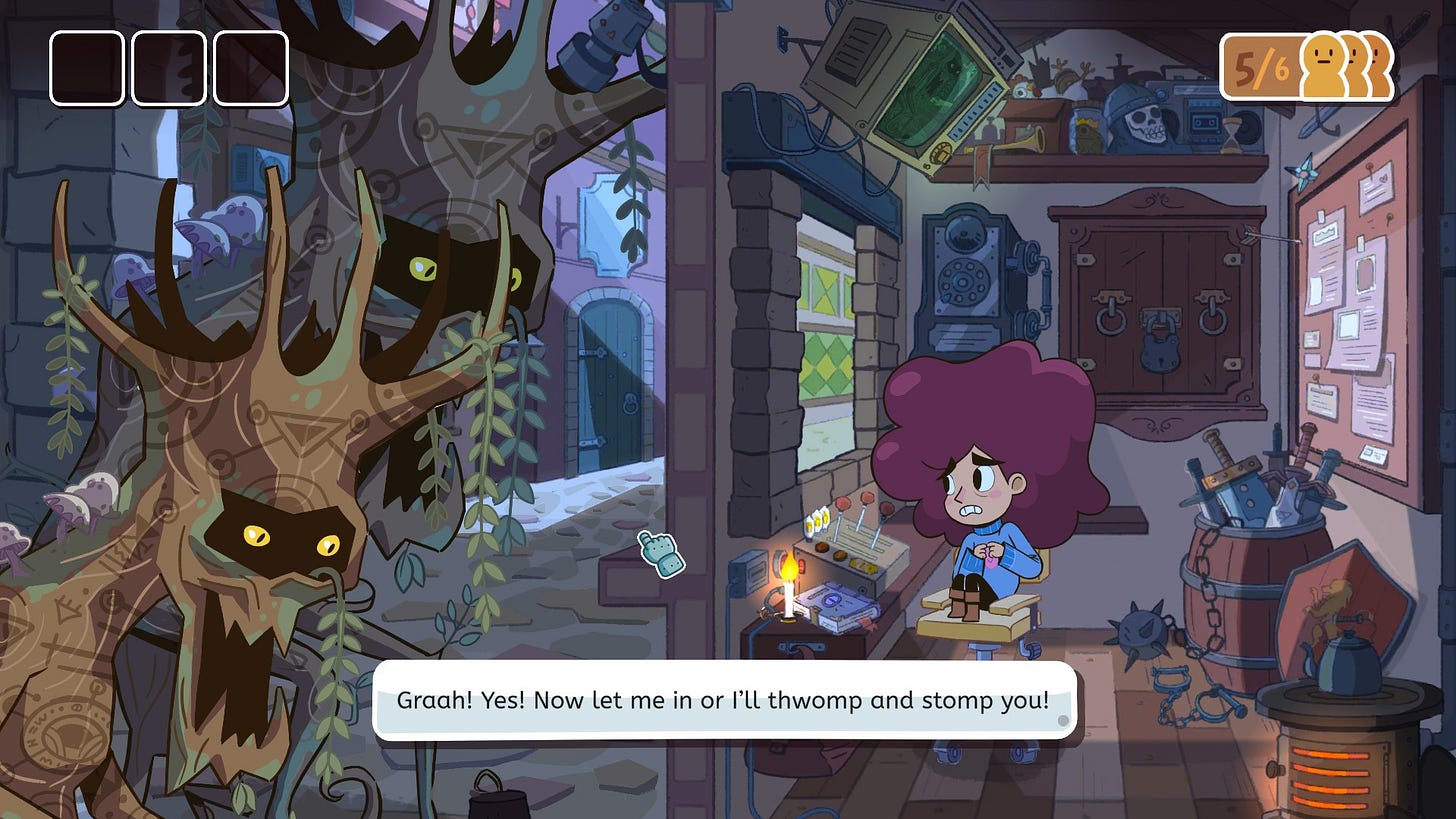 Lil in the guard house talking to a Scary Tree Monster, who is saying "Graah! Yes! Now let me in or I'll thwomp and stomp you!"