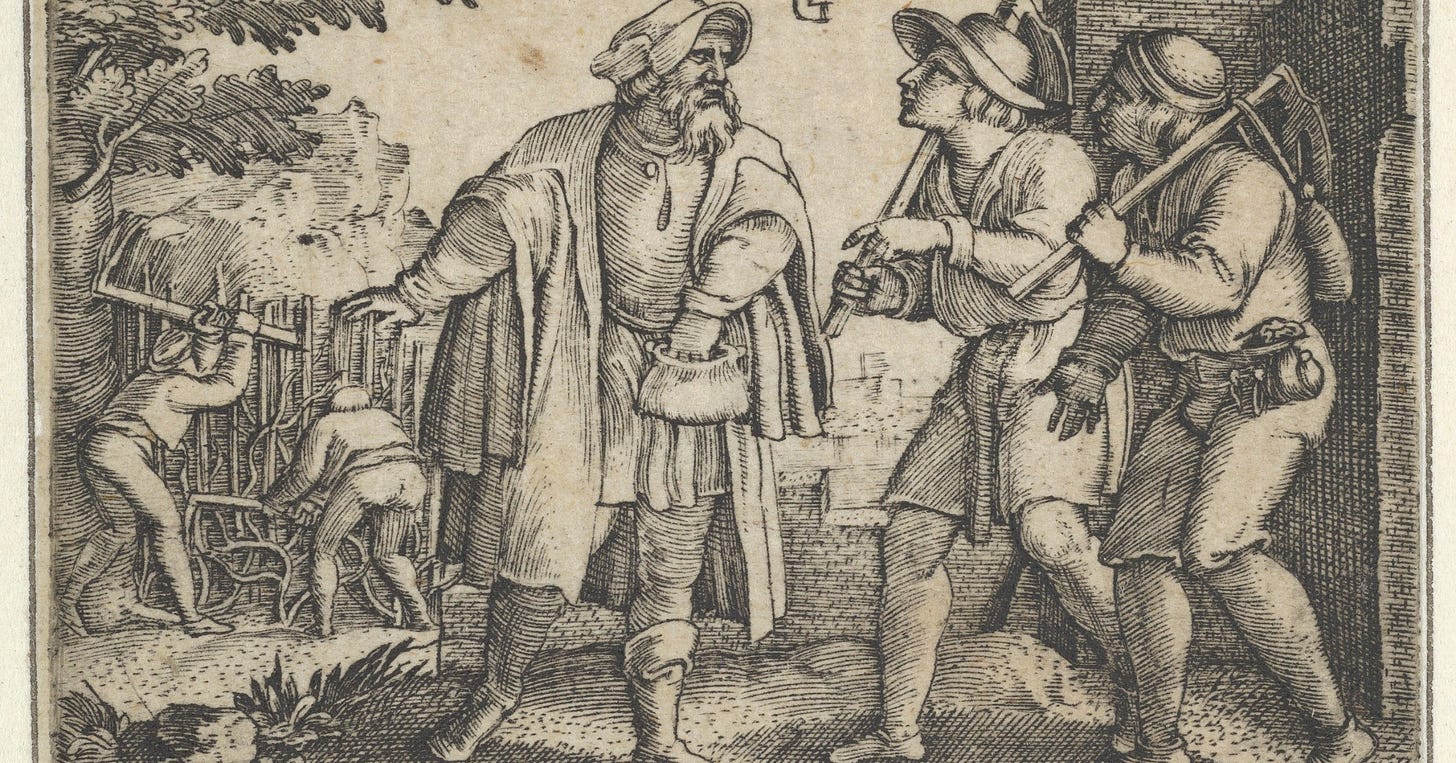 A sixteenth-century engraving of a bearded father in a long coat gesturing toward a vineyard where laborers work, while two young men with tools on their shoulders stand before him. A sixteenth-century engraving of a bearded father in a long coat gesturing toward a vineyard where laborers work, while two young men with tools on their shoulders stand before him.