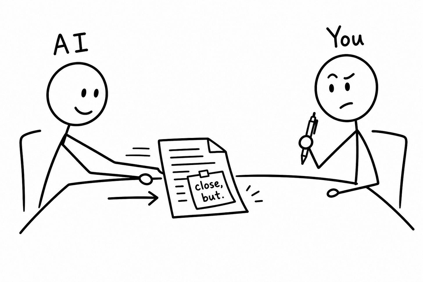 Stick figure illustration of two characters seated across a table. Left figure labeled "AI" smiles while sliding a document forward. The document has a sticky note reading "close, but." Right figure labeled "You" frowns and holds a pen, ready to work. Illustrates the handoff moment in AI-assisted writing where the clanker delivers a draft and the creator takes over to finish what the translation couldn't. Keywords: human-AI writing collaboration, AI writing workflow, co-writing process.