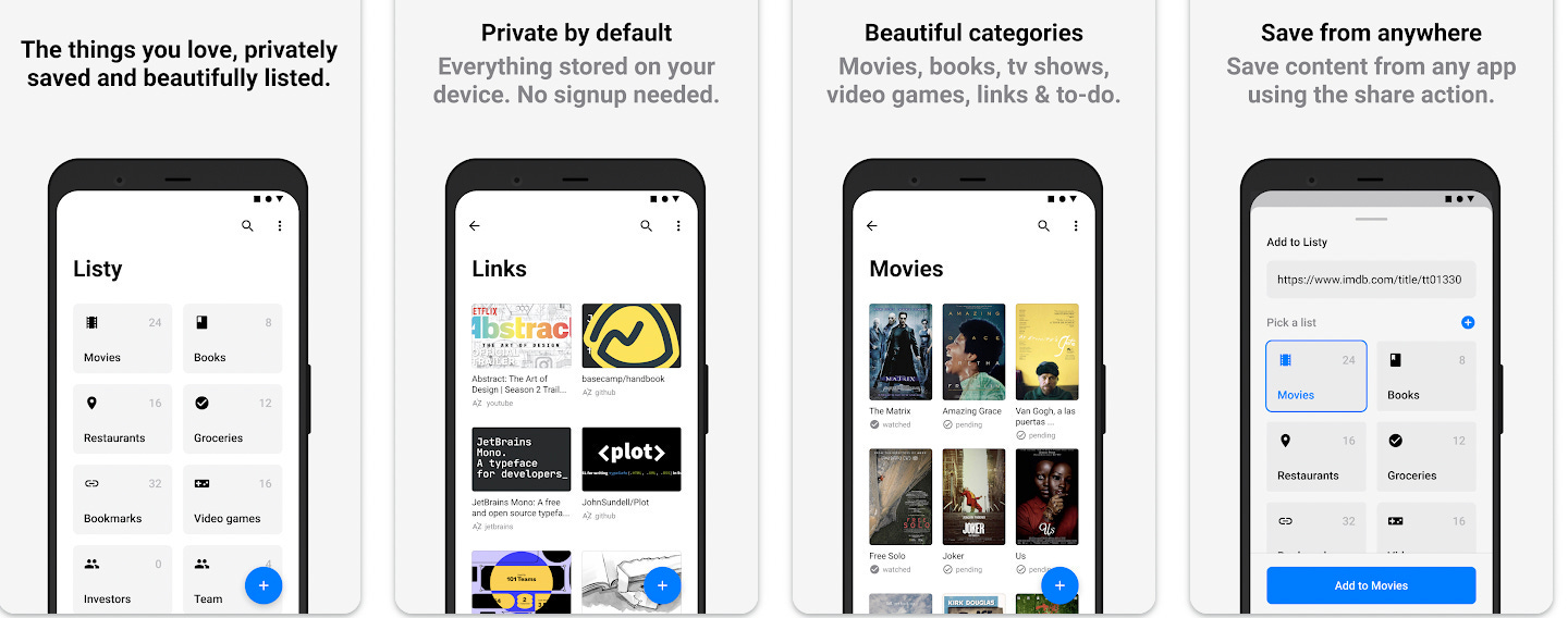 screenshots of the Listy mobile app screenshots of the Listy mobile app