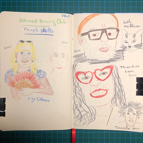 Photos de 3 doubles-pages de mon sketchbook où j'ai 12 portraits au crayons graphite et crayons de couleurs.