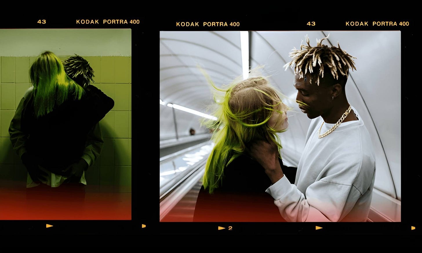 For The Subtext Review's Overtones: Two cinematic film-strip frames: on the left, a couple embraces against a green tiled wall; on the right, the same couple gazes at each other on a subway escalator, with one person’s bright green hair blowing in the wind.