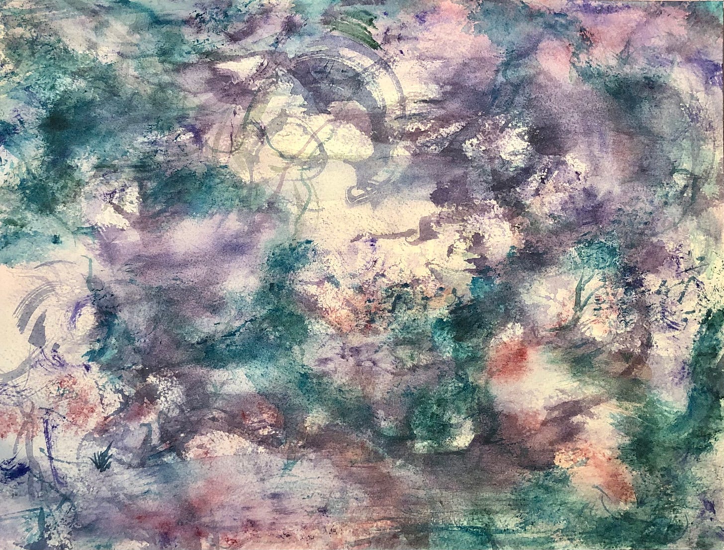 An abstract watercolour painting in progress. It has shades of purples, pinks, and turquoises blending into each other, and the piece has a misty, dreamy quality to it.