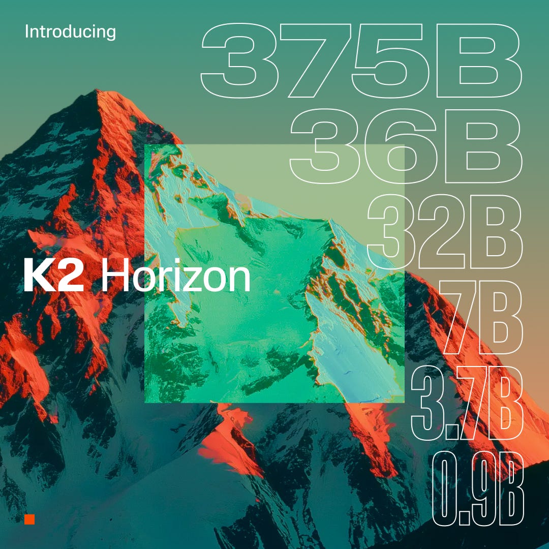 K2 Horizon launch graphic featuring a stylized multicolored mountain and six AI model sizes: 375B, 36B, 32B, 7B, 3.7B and 0.9B. K2 Horizon launch graphic featuring a stylized multicolored mountain and six AI model sizes: 375B, 36B, 32B, 7B, 3.7B and 0.9B.