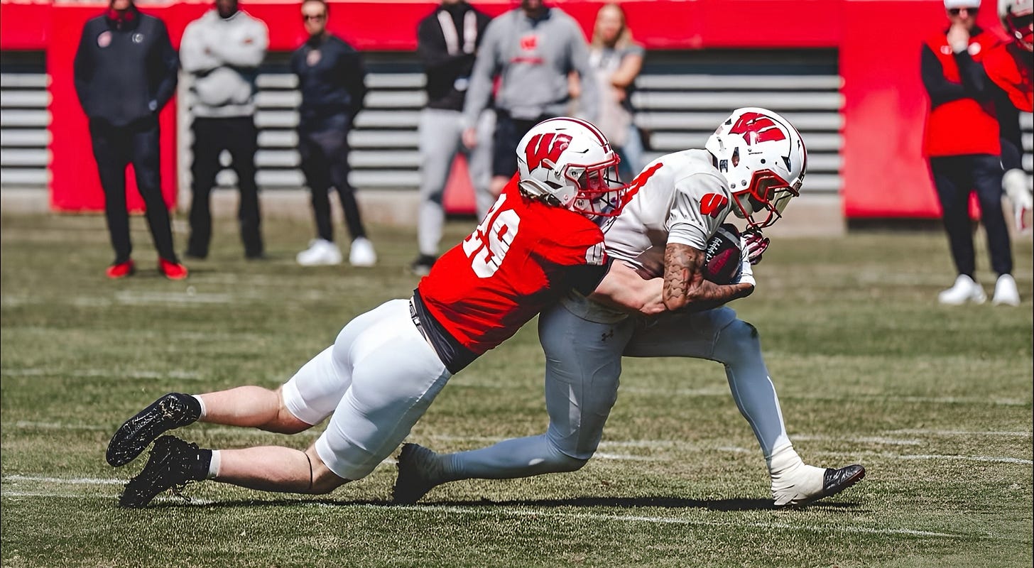 Wisconsin Badgers safety Matt Jung makes a tackle on a teammate during practice. Photo courtesy of UW Athletics. Wisconsin Badgers safety Matt Jung makes a tackle on a teammate during practice. Photo courtesy of UW Athletics.