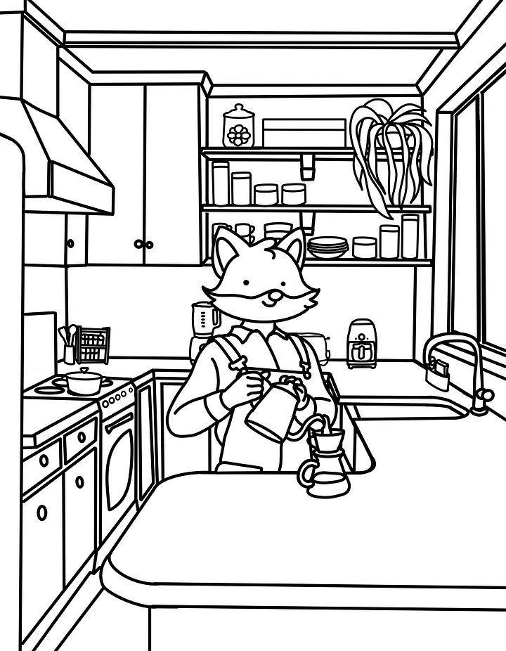 A imagem 1 apresenta um desenho em preto e branco com um estilo que remete a um vitral ou a um padrão geométrico. O desenho central parece ser o rosto de um animal (raposa) estilizado com formas geométricas e linhas retas. Há elementos florais na parte superior e inferior do desenho, que se assemelham a girassóis ou outras flores grandes. As linhas grossas e a segmentação da imagem em várias seções menores sugerem um design modular, comum em vitrais ou em projetos de arte para colorir. A imagem 2 mostra um desenho em preto e branco de um personagem representando uma raposa antropomórfica e cartunesca em uma cozinha, preparando café em um coador sobre a bancada. A cena inclui vários elementos de uma cozinha, como armários, fogão, pia e utensílios.