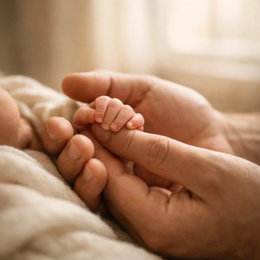 Father's hands gently holding newborn baby's hand, illustrating sacred trust in parenting