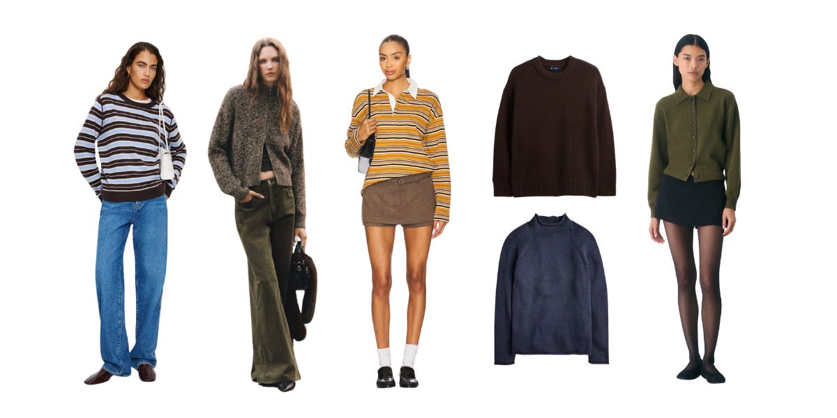 Women's sweaters with stripes, collars, and different textures from Reformation, Gap, Mango, and Aritzia.