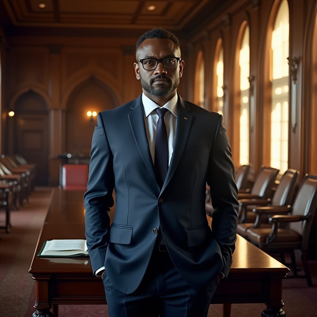 A stately lawyer, attired in a crisp, navy blue suit, stands confidently in the grand, high-ceilinged office of a Jamaican law firm
