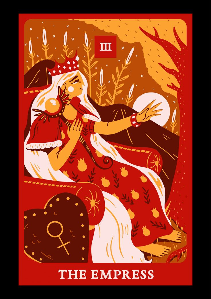 This may contain: the emperor tarot is shown in red and yellow, with an image of a woman sitting