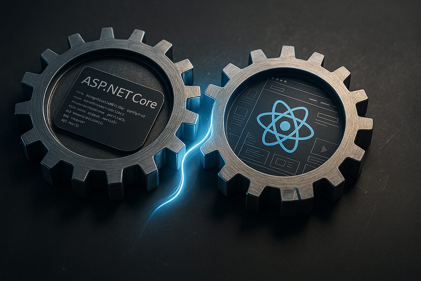 Two interlocked metal gears representing ASP.NET Core and React, connected by a glowing data stream.