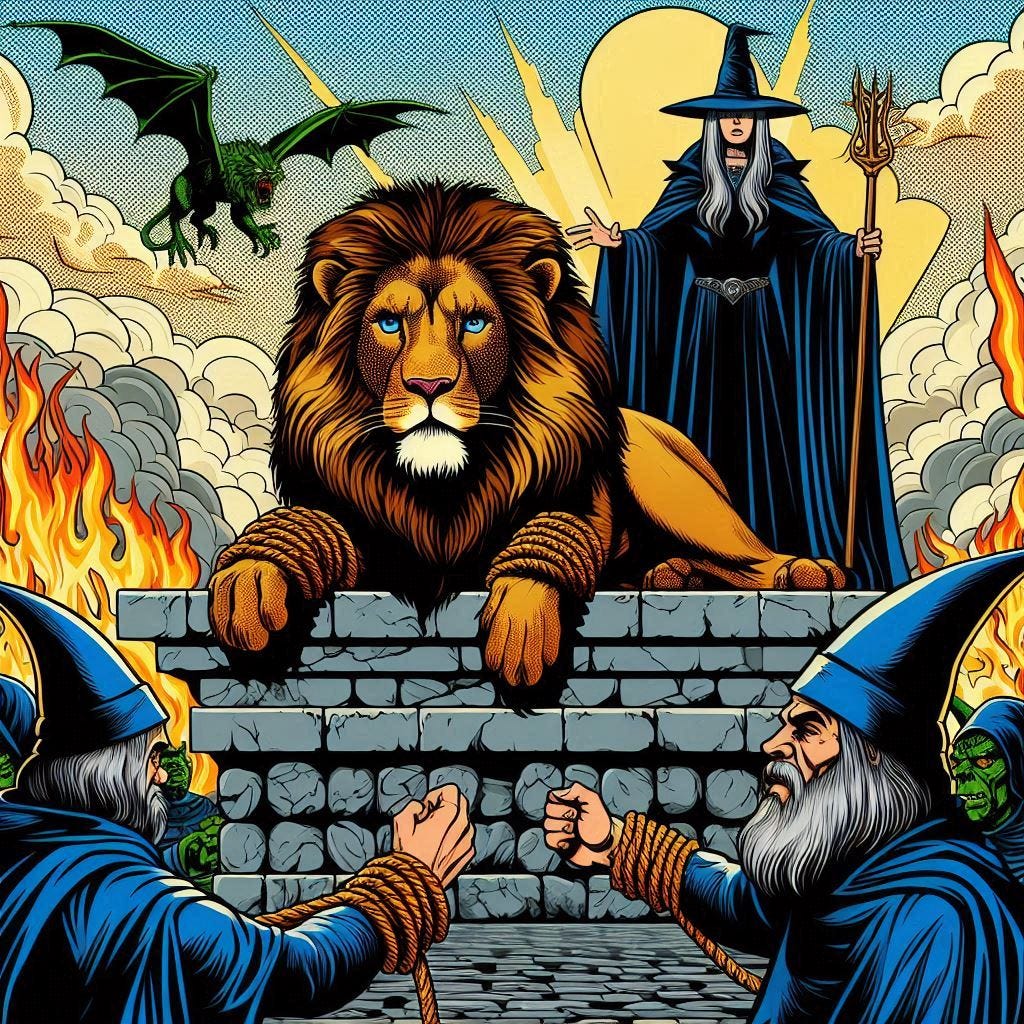 the noble lion aslan is tied on the stone table with the angry white witch and goblins looking down on him, pop art