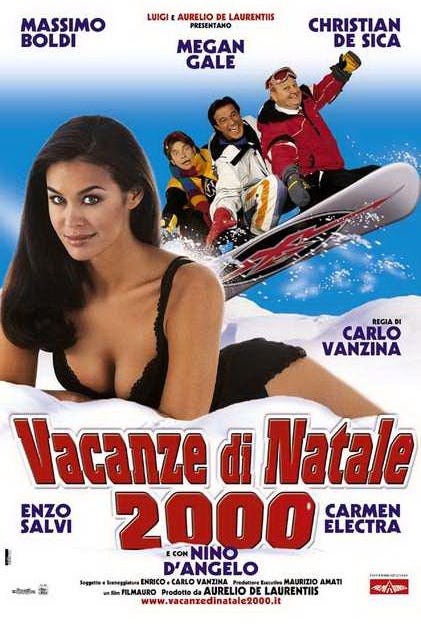 Locandina del film "Vacanze di Natale 2000" in cui gli attori slittano su una Megan Gale in intimo