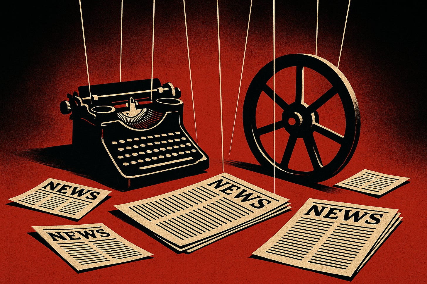 A powerful editorial illustration showing the irony of press freedom manipulation. In the foreground, traditional symbols of independent journalism: a vintage typewriter, printing press wheel, and scattered newspapers. These iconic press freedom symbols are connected by subtle puppet strings or marionette controls extending from above, suggesting external manipulation. The color scheme is predominantly black and red, creating a dramatic contrast. The puppet strings are thin but clearly visible, creating tension between the ideals of independent journalism below and the controlling forces above. The composition should feel editorial and serious, suitable for a news article cover about media manipulation. The lighting is dramatic with strong shadows, emphasizing the sinister nature of coordinated messaging disguised as press freedom.