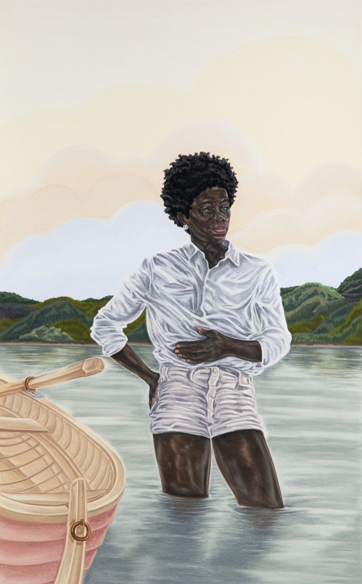 A painting by Toyin Ojih Odutola depicting a Black figure standing knee-deep in water beside a wooden boat, wearing a white shirt and shorts, set against soft pastel hills and a reflective lake.Toyin Ojih Odutola Gives Shape to the Migrant Experience of Otherness - ELEPHANT A painting by Toyin Ojih Odutola depicting a Black figure standing knee-deep in water beside a wooden boat, wearing a white shirt and shorts, set against soft pastel hills and a reflective lake.Toyin Ojih Odutola Gives Shape to the Migrant Experience of Otherness - ELEPHANT